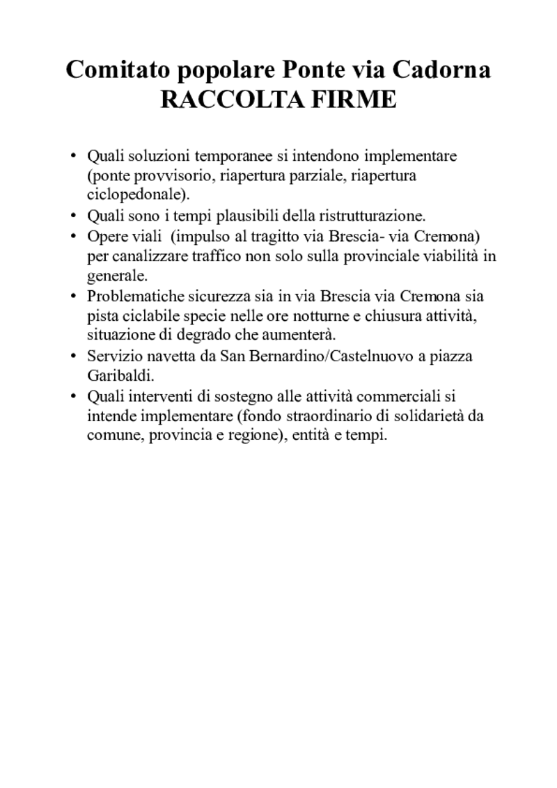 Crema - Ponte di via Cadorna, raccolta firme